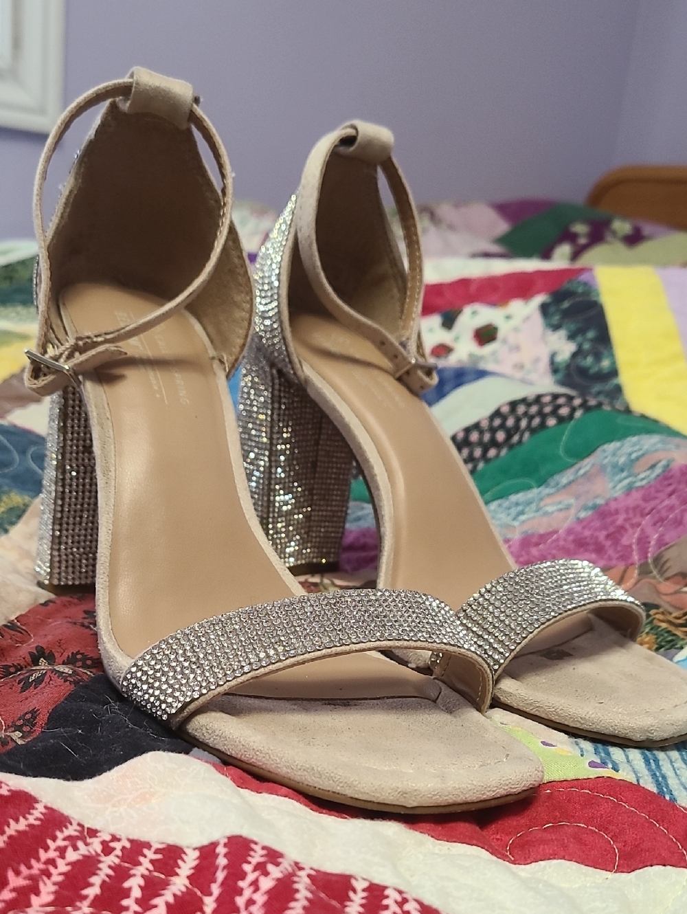 Women's Beige/Crystal Chunky Heel Sandal
